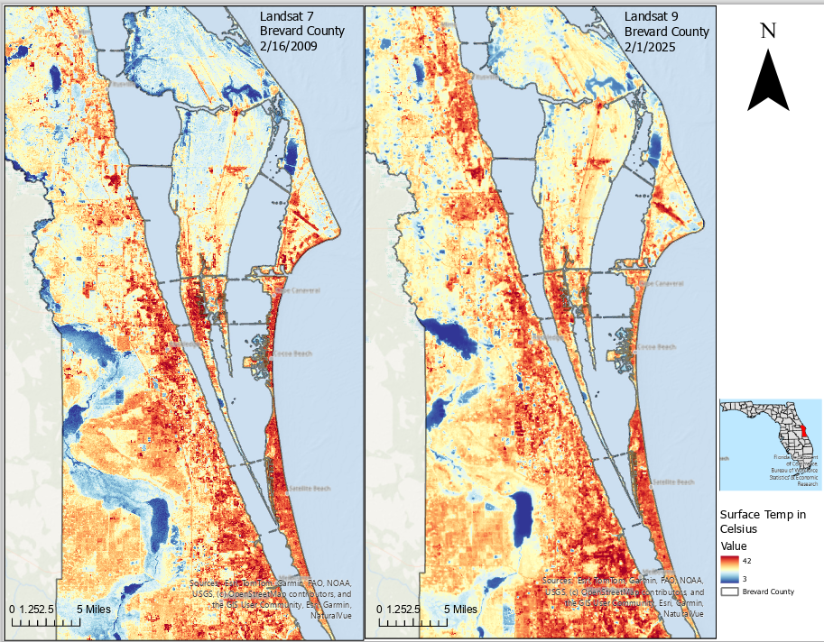 Side-by-side Landsat land-surface temperature maps of Brevard County from February 2009 and February 2025.