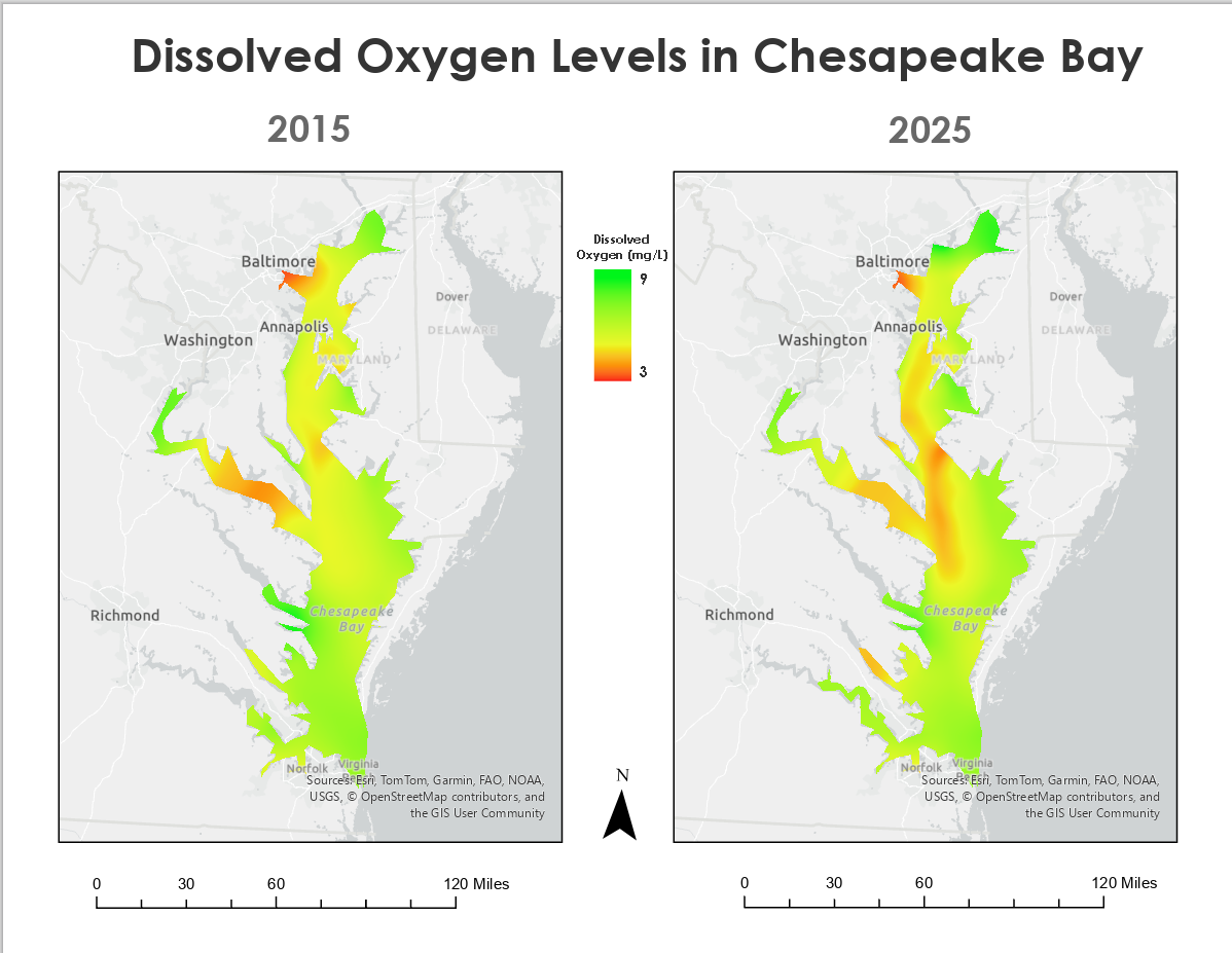 Side-by-side interpolated dissolved oxygen maps of Chesapeake Bay for 2015 and 2025.