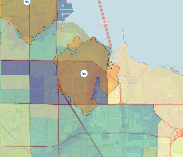 Pinellas County vulnerability map showing census tracts and nearby shelter locations.